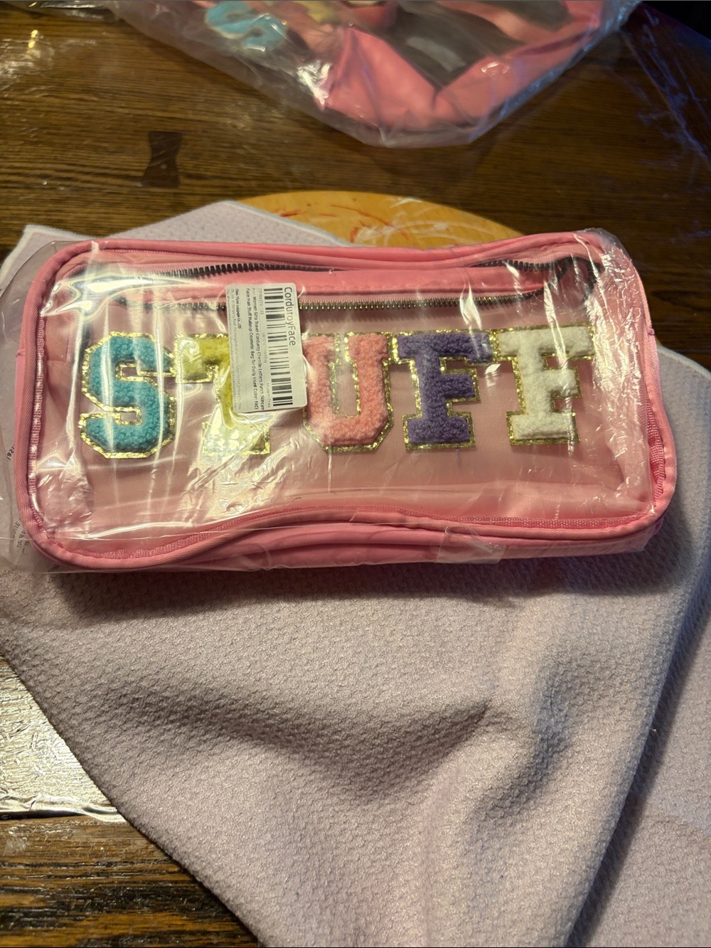 Pink Clear Pencil Pouch with Colorful 'STUFF' Patch new in bag zips